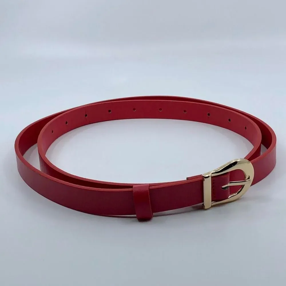 Women's Red Faux Leather Belt w/ Gold Buckle, Fits 34